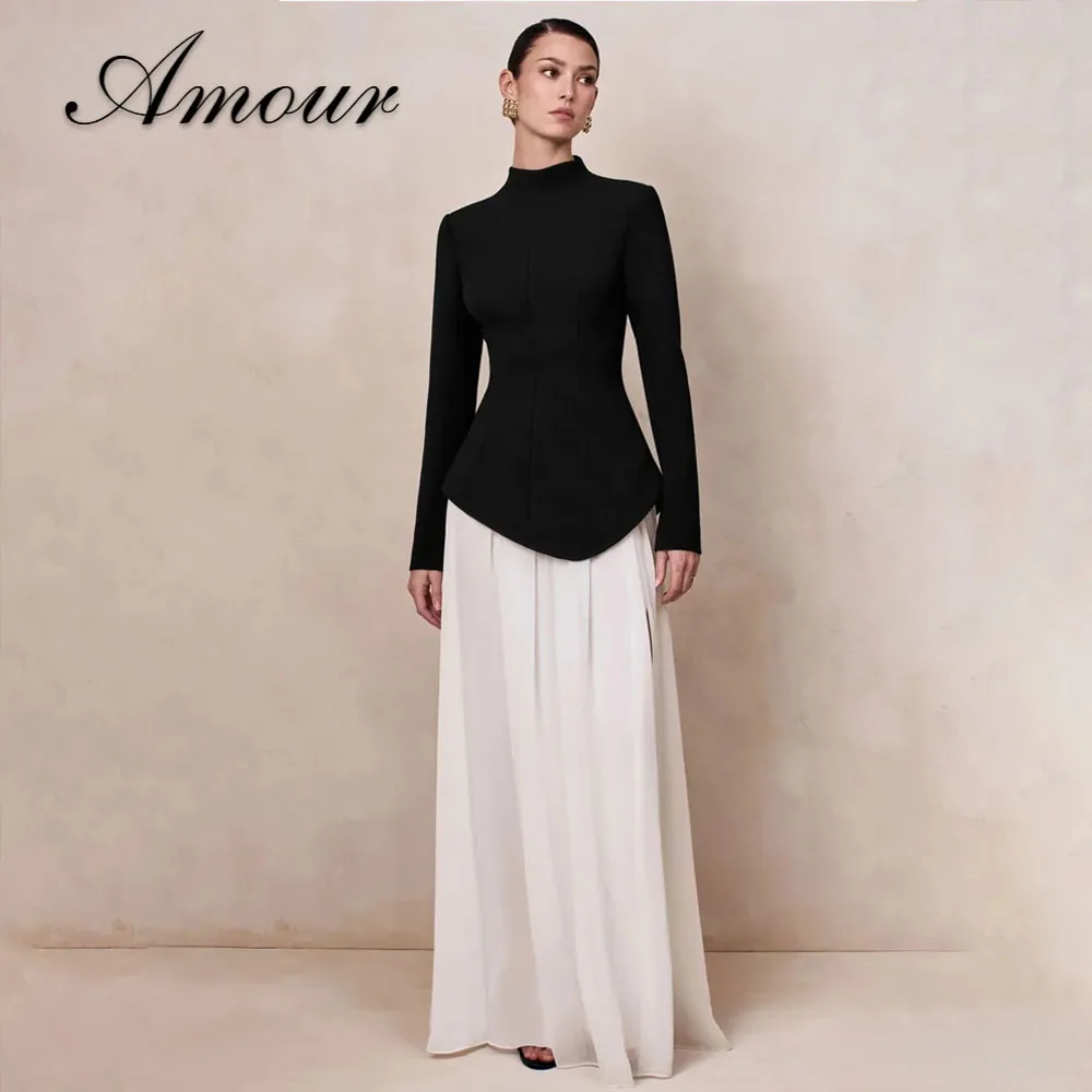 Amour Maßgeschneiderte Abendkleider mit hohem Kragen und langen Ärmeln für Damen, A-Linie, schwarz und weiß, elegantes formelles Kleid für Hochzeiten und Partys