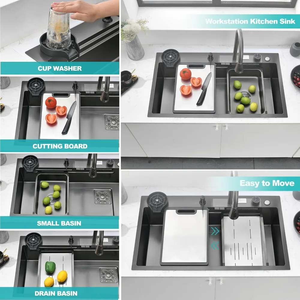 حوض المطبخ 34 بوصة وعاء واحد من الفولاذ المقاوم للصدأ حوض مطبخ متعدد الوظائف مع صنبور 2 في 1 وملحقاتها