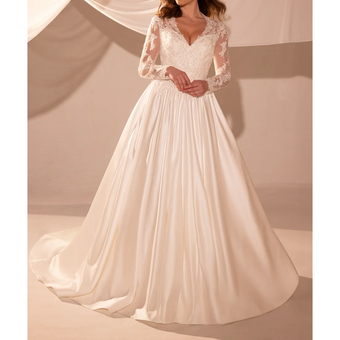 

Top Satin Wedding Dress Elegant V-Neck Long Sleeves Buttons Back Long Bridal Gowns