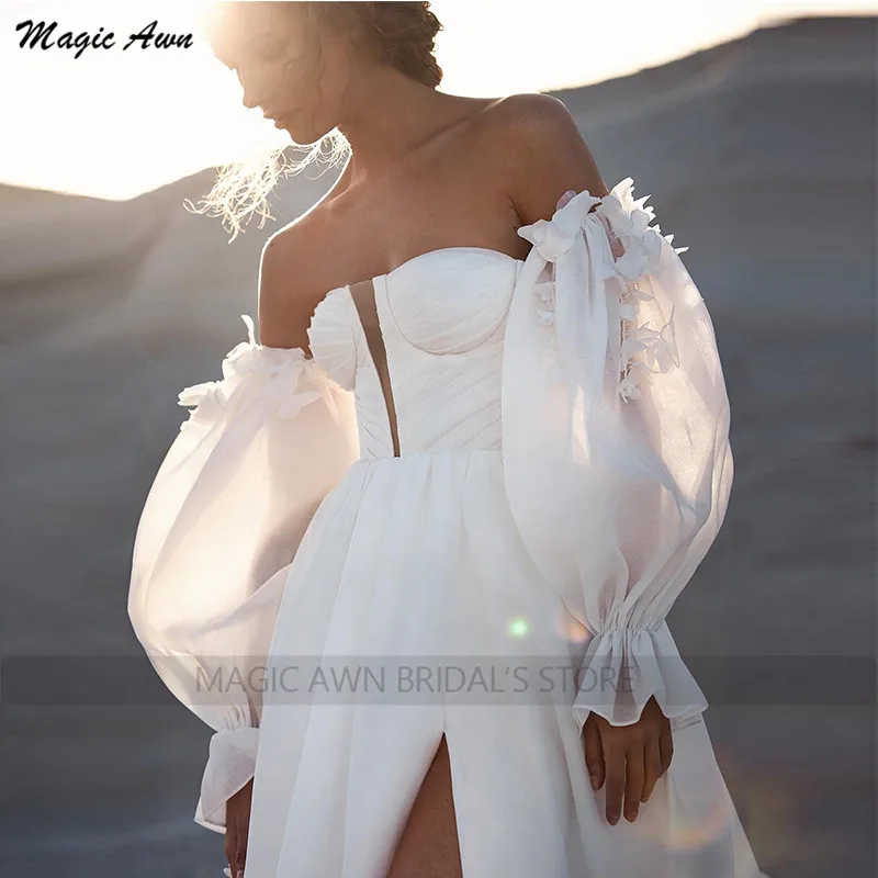 Magic Awn-Boho فساتين زفاف بأكمام طويلة قابلة للفصل ، فتحة جانبية ، زهور ثلاثية الأبعاد مزينة ، بأربطة من الخلف ، فساتين زواج الشاطئ ، 2023