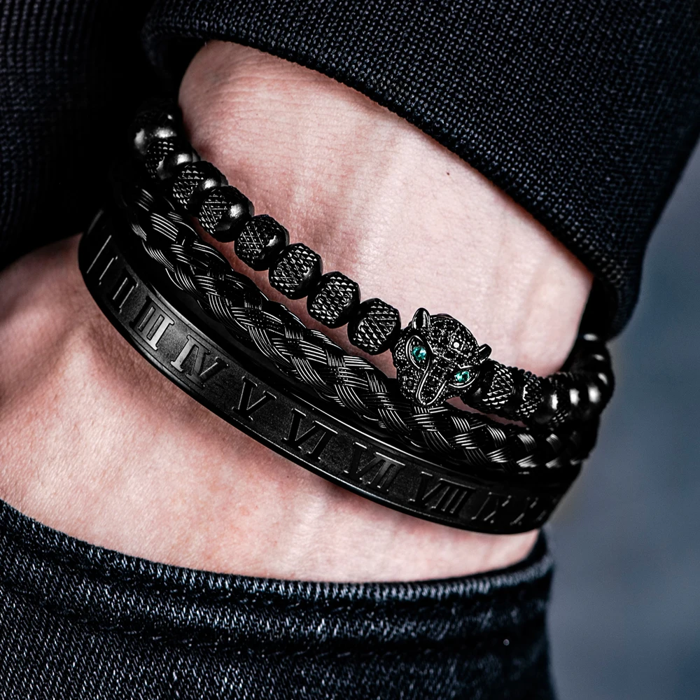 3pcs/set Classical Handmade Braiding Bracelet  Hip Hop Men Pave CZ Leopard Head Roman Numeral Bracelet Stainless Steel Jewelry