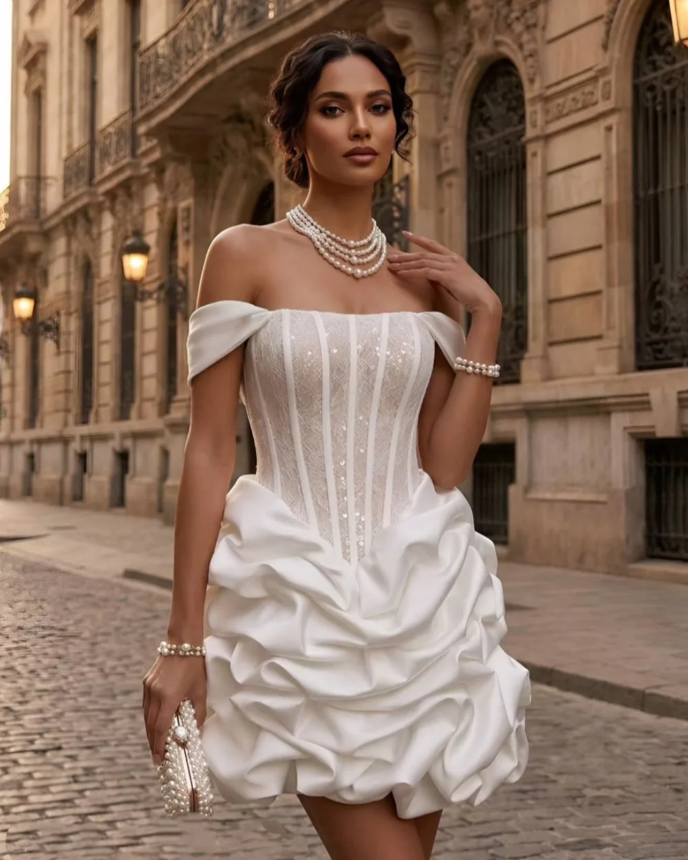 

Customized Elegant Women Charmeuse Lace Sequined A-Line Evening Dresses Fashion Off-the-shoulder Sleeveless Knee Length Dresses