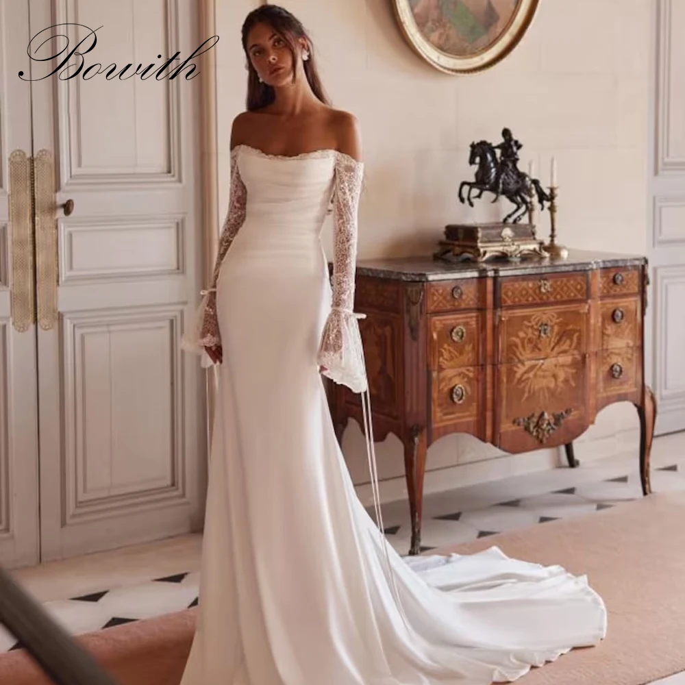 

Bowith Elegant Wedding Dresses 2025 Off the Shoulder Lace Flare Sleeves Bridal Gown Boho Wedding Party Dresses Customized
