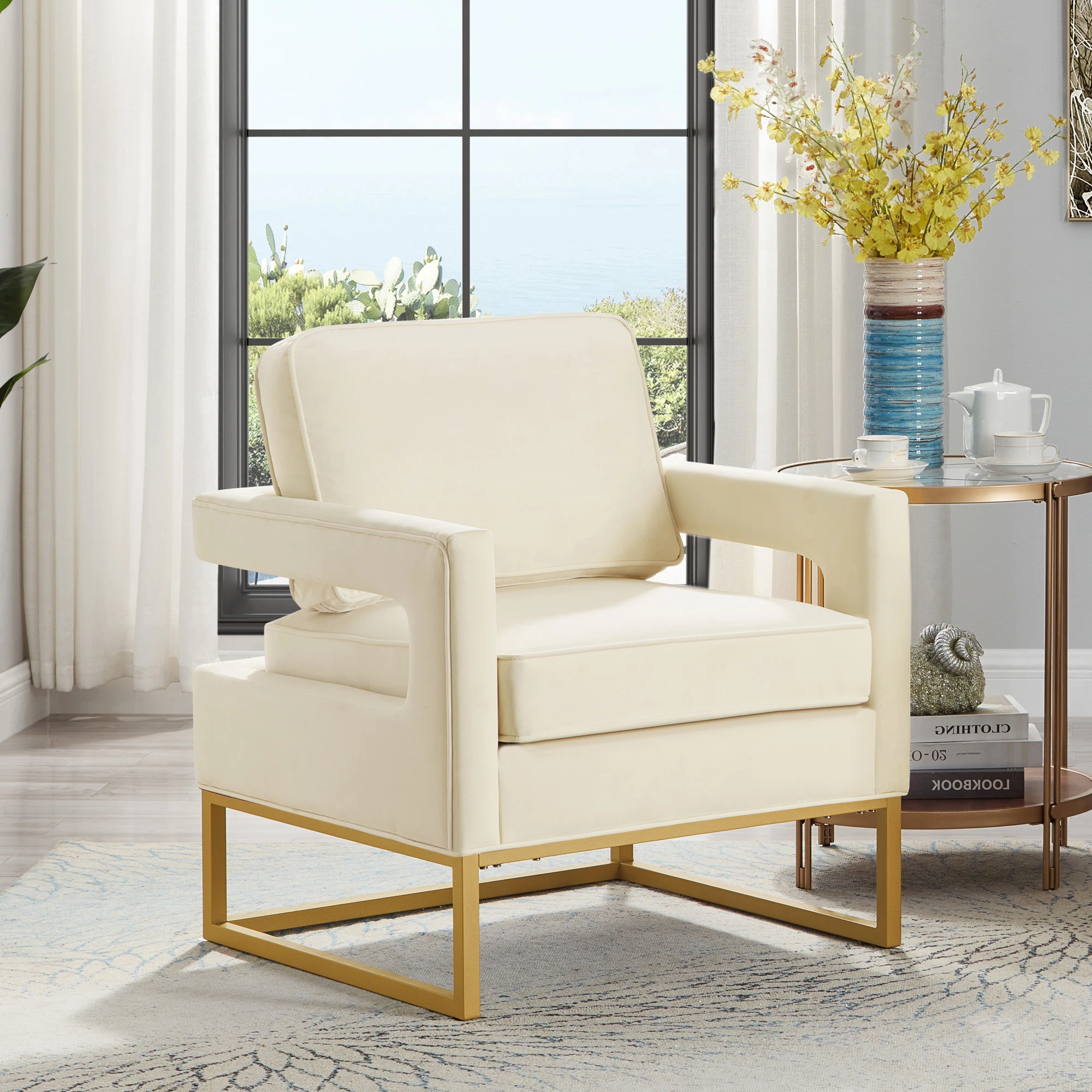 Multifunctional Modern Decorative Chair Gold Metal Base Velvet Upholstered High Density Foam Cushioning Casual Open Armchair image 5