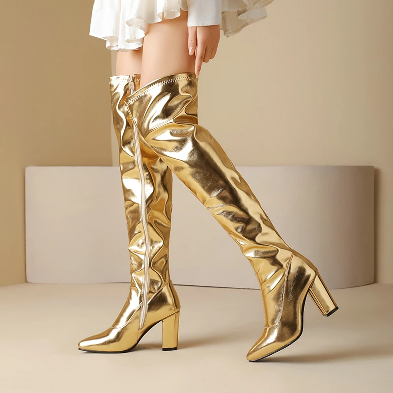 Metallic Sparkle Gold Silver Boots for Women Pointed Toe Block High Heels Overknees Big Size 46 Over-the-knee Boot Winter Shoes
