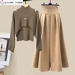 Oversized Women's Autumn Set 2023 New Knitted Cover Up with High Collar Tank Top and Half Skirt Three Piece Set