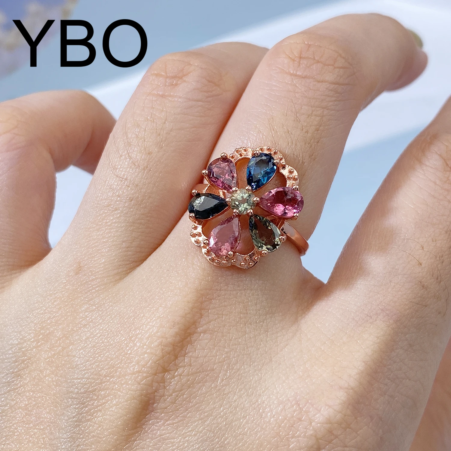 

YBO Fashion Geometric Flower Adjustable Rings Natural Colors Tourmaline Gemstone Fine Jewelry Women Engagement Wedding Ring Gift