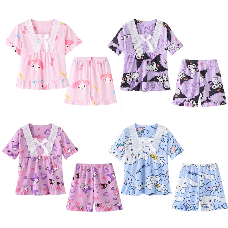 Sanrio Children Short Sleeved Shorts Pajamas Set Summer Girls Hello Kitty Kuromi Cinnamoroll Cartoon Lace Nightwear Home Clothes