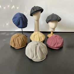 Men Vintage Cotton Bakerboy Caps Newsboy Hat Spring and Autumn Women Lightweight Breathable Flat Hat Beret Hats Blue Grey BJM53