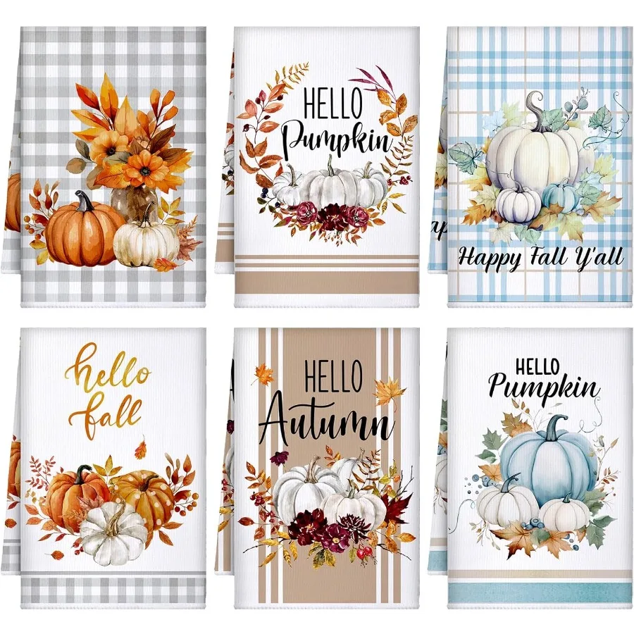 

6 шт. осенние кухонные полотенца на День Благодарения, тыквы, полотенца для рук, плед из микрофибры, салфетки для чая на осень и осень, кухня