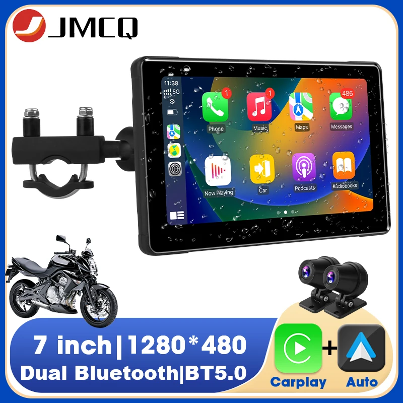 

JMCQ 7'' Carplay For Motorcycle DVR GPS Navigaton Wireless Carplay Android Auto IP67 Waterproof Front Rear Camera Moto Monitor