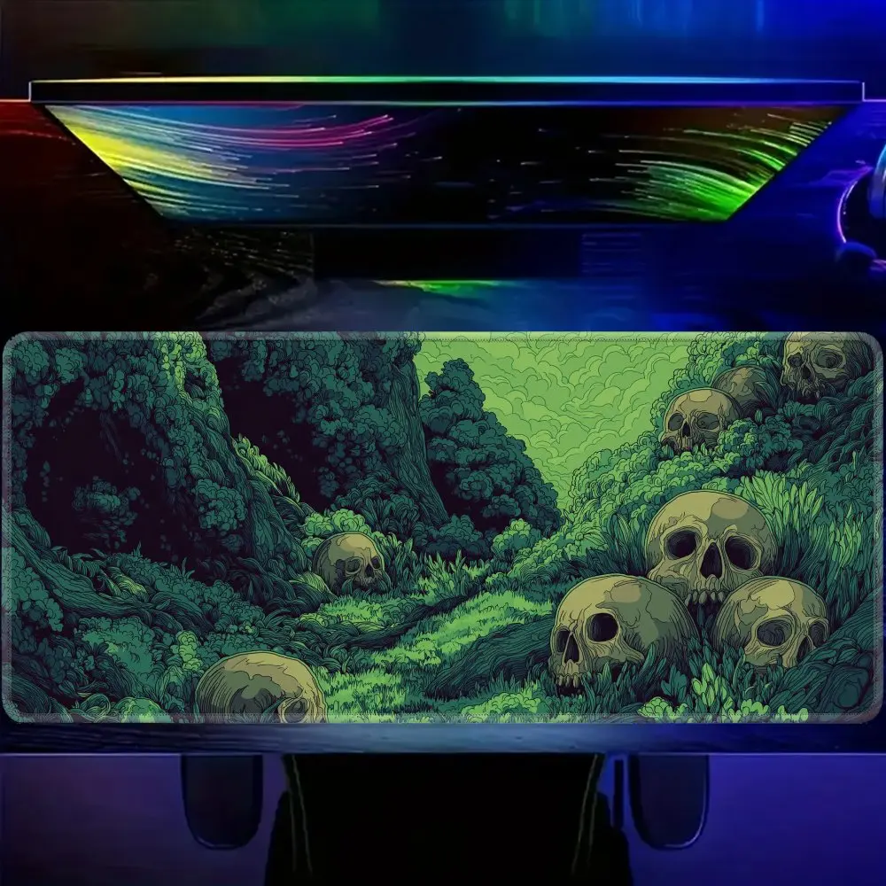 mouse-pad-gamer-retro-pixel-skull-forest-grande-tapete-de-mesa-antiderrapante-com-cena-assustadora-verde-escuro-para-gamers-e-escritorio