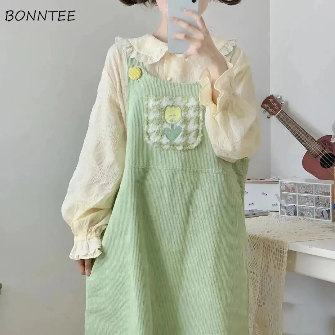 Sleeveless Dresses Women Spring New Arrival Sweet Japanese Students Cute Corduroy Mid-calf Embroidery Print Clothing Vestidos