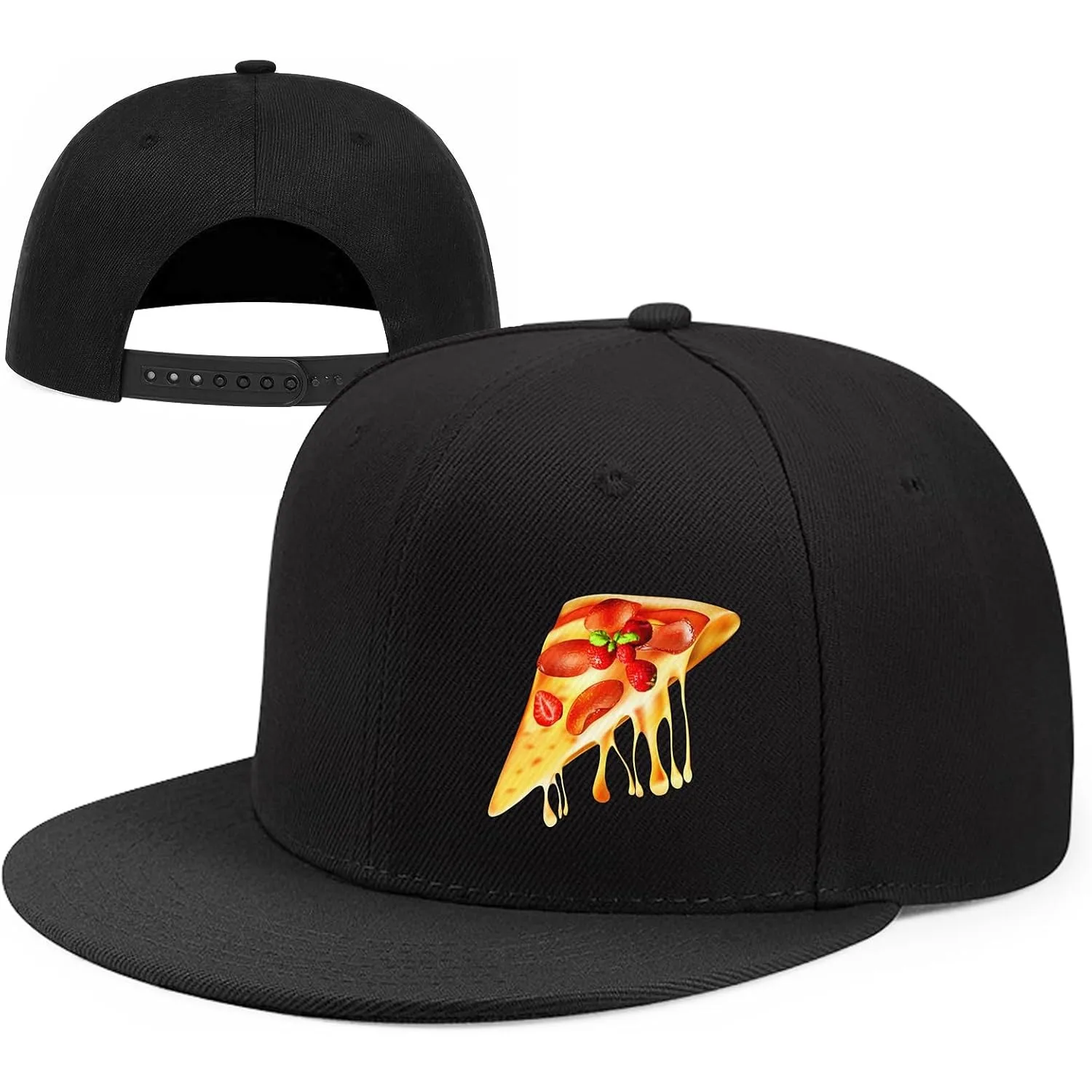 Dripping Pizza Slice Print Flat Bill Snapback Baseball Cap Adjustable Unisex Trucker Hat