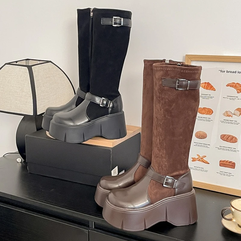 

Женские высокие сапоги на платформе и толстом каблуке, модная обувь с пряжкой на ремне, увеличивающая рост, зимняя женская обувь в стиле панк, рыцарь Botas Altas