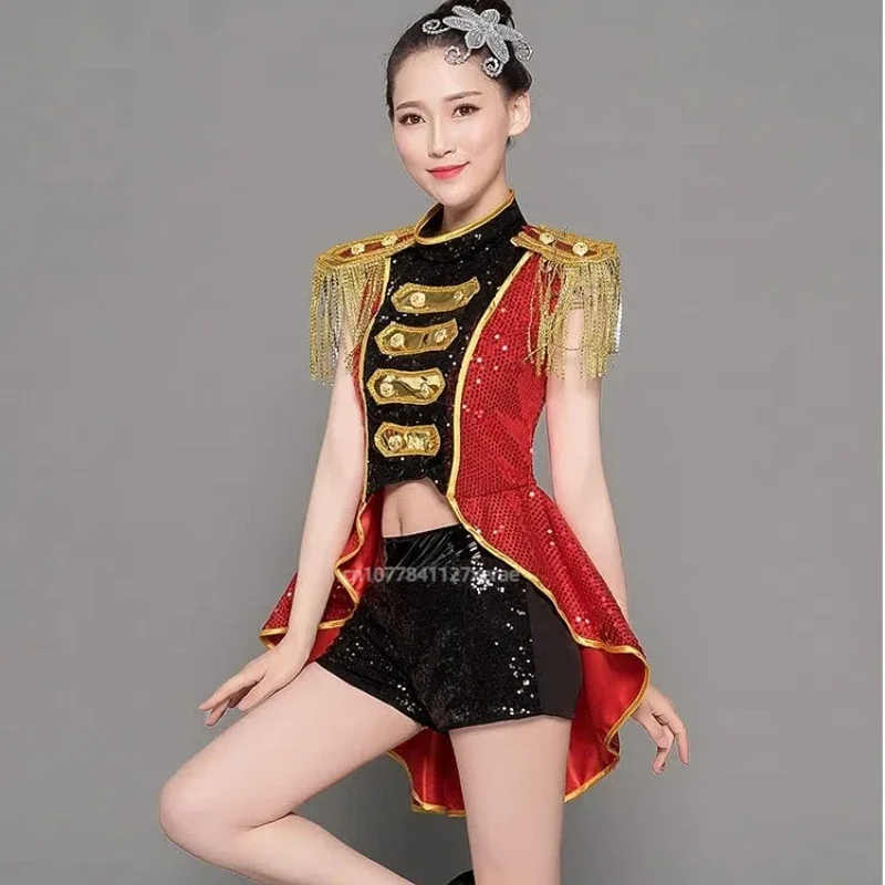 

Новый женский костюм для джазового танца с блестками, фрак с кисточками, комплект танцевальных костюмов для женщин и взрослых с открытым пупком