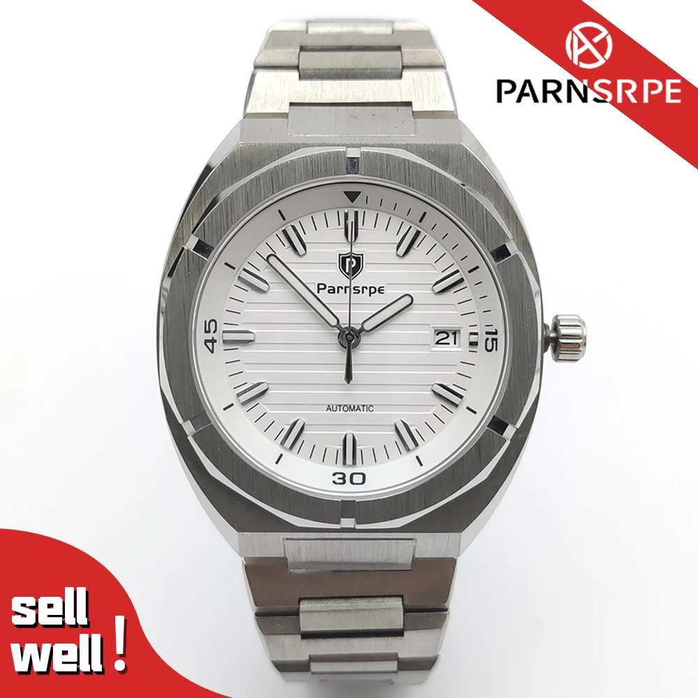 

PARNSRPE белый циферблат NH35 автоматические механические мужские деловые часы 42 мм с сапфировым стеклом светящиеся водонепроницаемые из нержавеющей стали