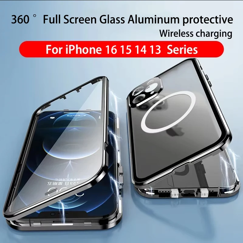 For iPhone 16 15 14 13 Pro Max Case Magnetic Magsafe Compatible 360° Full Screen Glass Closed Aluminium Alloy Protection Cover