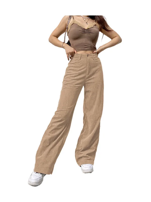 ハイウエストボタンダウン無地パンツ レディースカジュアルワイドレッグパンツ ポリエステル繊維 ヨーロッパ風レディースファッション