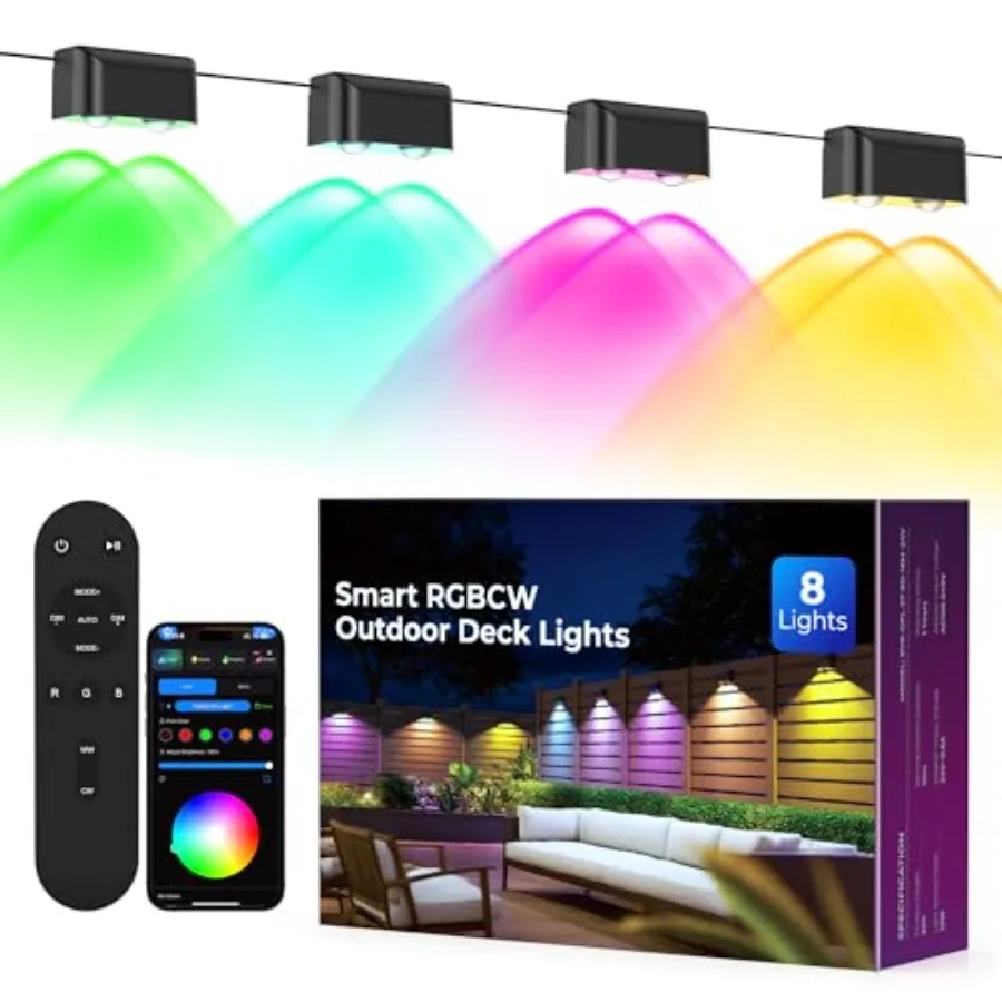 

Outdoor Deck Lights 8 Lights Smart Fence Lights Compatible with Alexa and Google Home IP65 LED Patio Deck Lighting with Remote