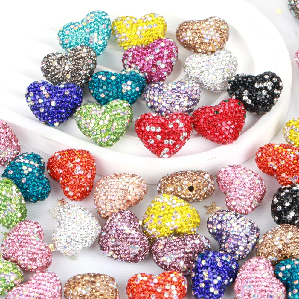 24x18mm 1/3/5 stücke Charme Liebe Herz Glänzend Polymer Clay Strass Perlen Für Schmuck Machen DIY Halskette Armbänder Zubehör VD