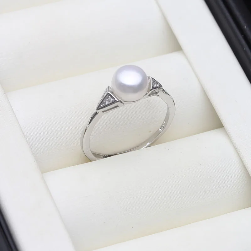 Bagues en perles d'eau douce véritable pour femmes, bague en argent Sterling avec perles ouvertes en Zircon cubique, réglable, cadeau d'anniversaire pour maman et femme, blanc