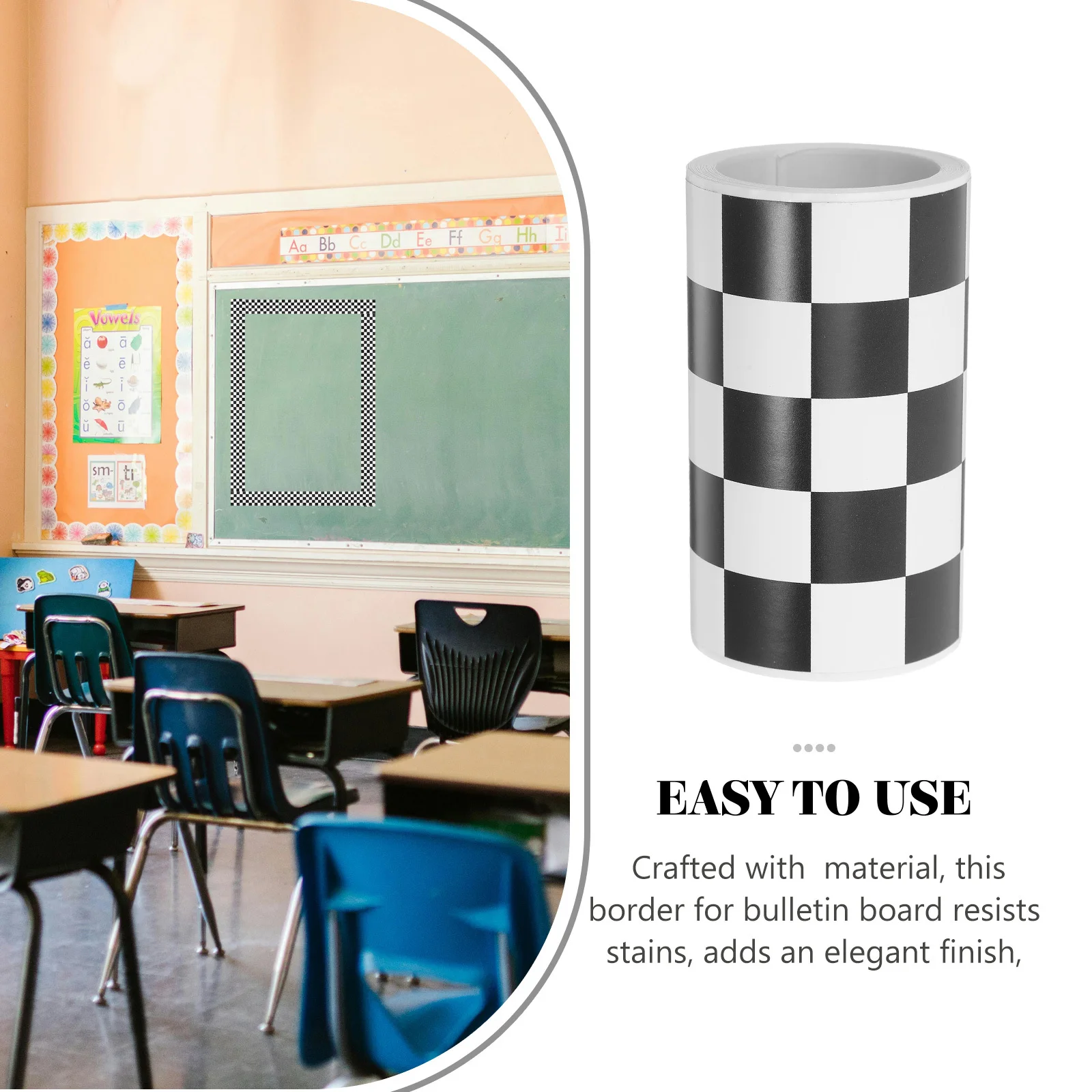 1 Roll Black White Checkered Border Stickers Peel Stick Bulletin Board Trim Classroom Wall Decals Decor - Teaching Supplies