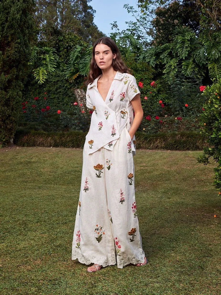 

Women Heavy Embroidery 100% Linen Suits 2025 New V-Neck Short Sleeve Blouse Top + High Waist Straight Wide Leg Pants Loose Set