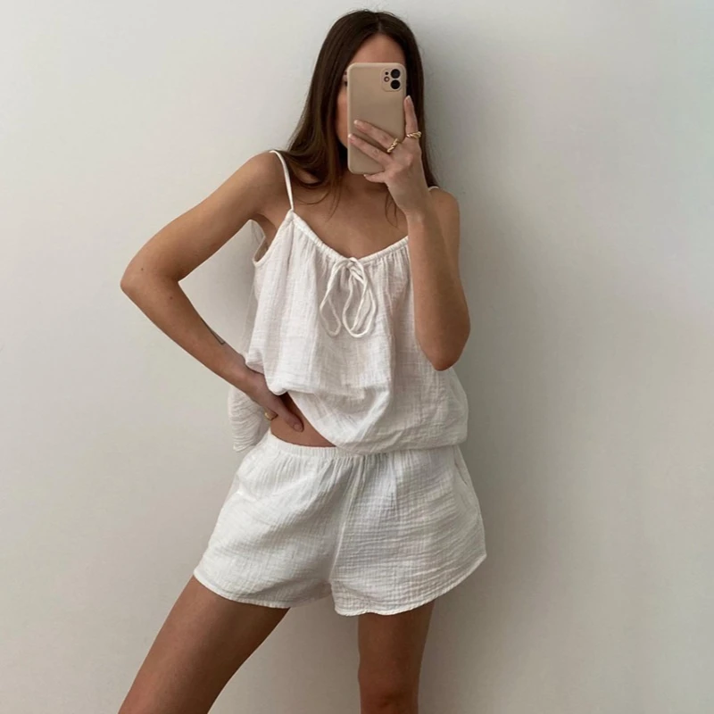 Cotton and Gauze Breathable, Loose and Comfortable Summer Halter Shorts, Cotton and Silk Pajama Set for Cross-border Home Women.