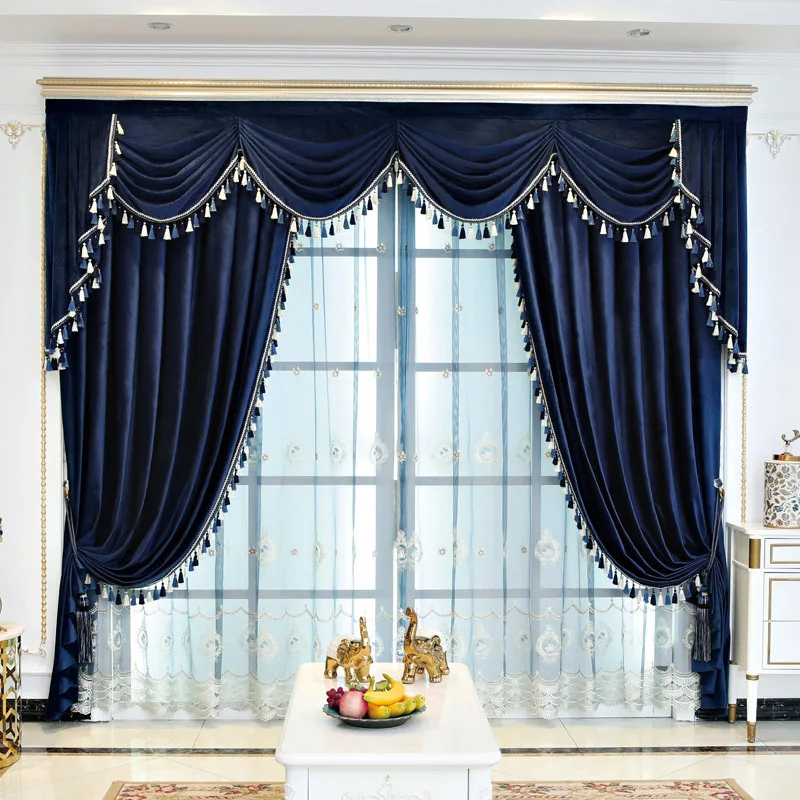 

Custom curtain luxury American matte velvet living room bedroom villa blue cloth blackout curtain tulle valance drape C1432