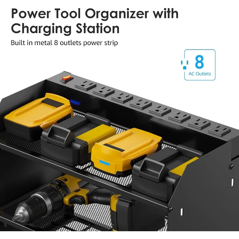 Modular Power Tool Organizer Wall Mount with Charging Station. Garage 4 Drill Storage Shelf with Hooks, Screwdriver,