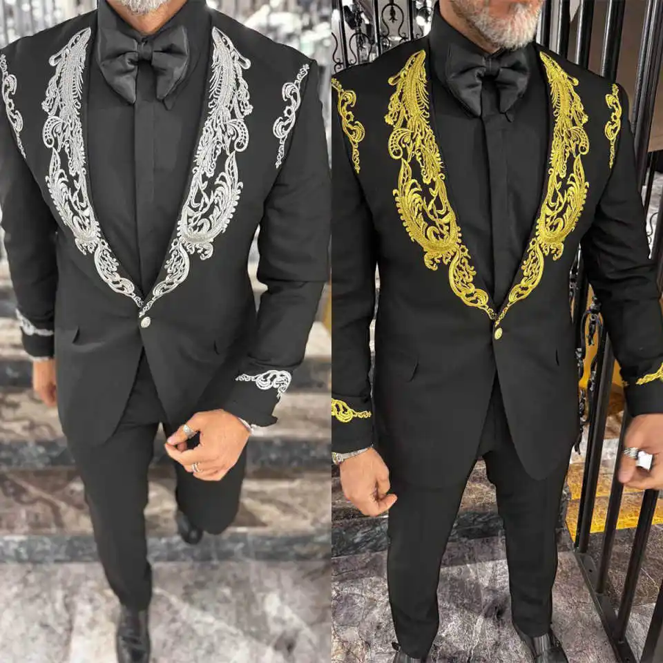 Handsome Man Tuxedos Appliques 2 Pcs Jacket Pants Men Suit Casual Shawl Lapel One Button Evening Wedding Groom Customized