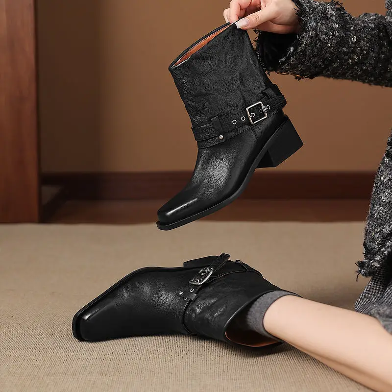 2027 New Fashion Women Ankle Boots High Heels Square Toe Cow Leather Shoes Autumn Metal Buckle Casual Winter Short Boots 34-40