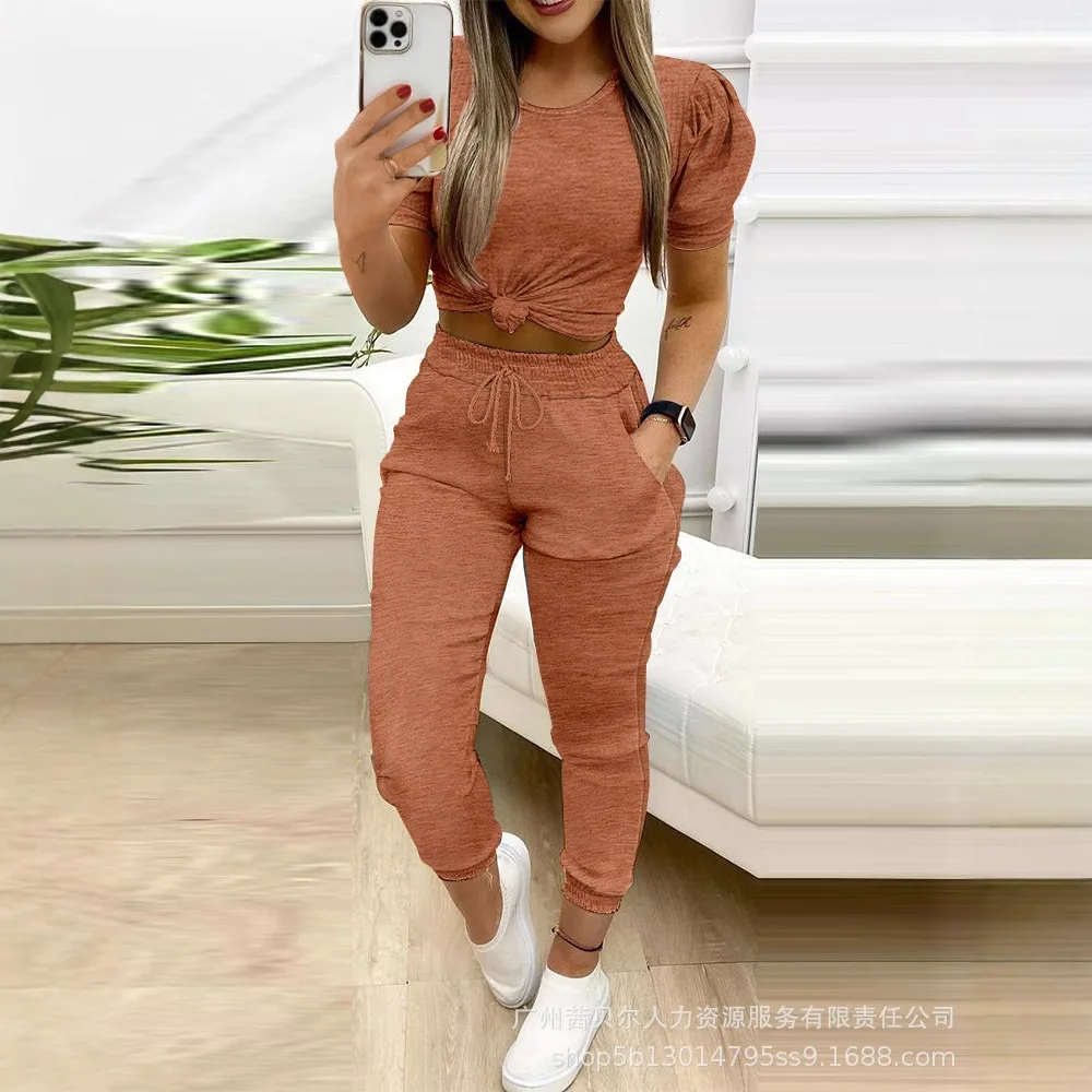 여성 2 피스 라운드 넥 짧은 소매 탑 Drawstring 셔링 바지 포켓 캐주얼 바지 세트