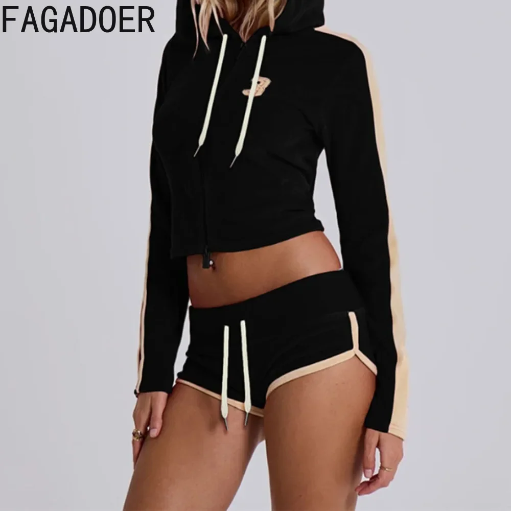 FAGADOER Autumn Velvet 2 Piece Sets Outfit Women Casual Zip Drawstring Hooded Sweatshirt Top + Shorts Suit Joggers Sportswear