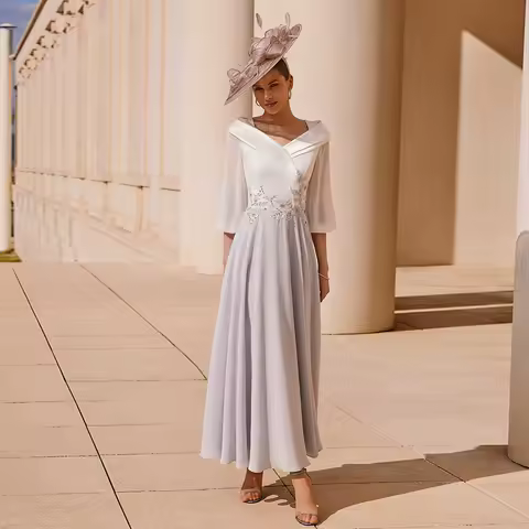 Elegant Wedding Guest Dresses Ankle Length 3/4 Sleeves A Line Mother of the Bride Dress V Neck Applique Formal Evening Dress
