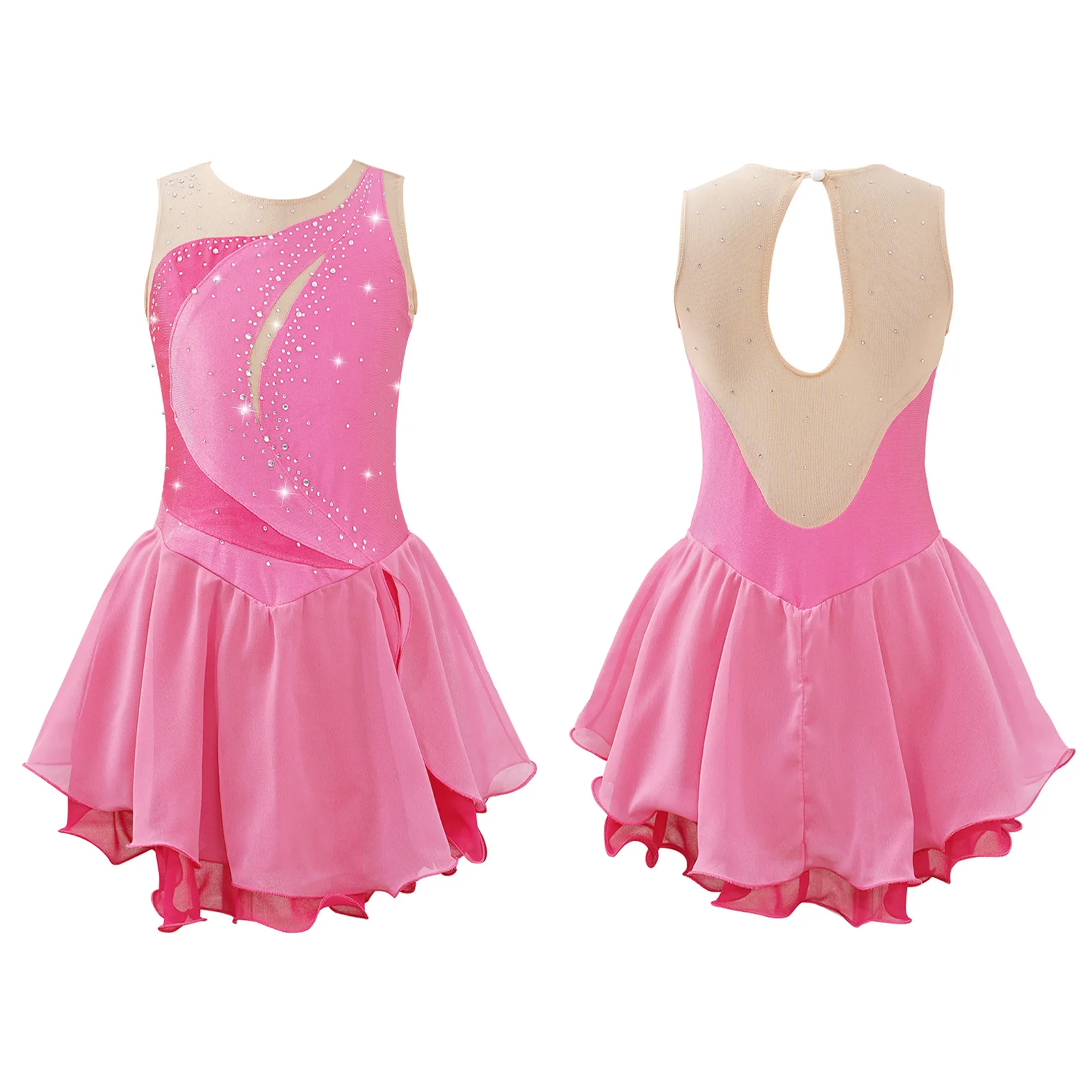 Kinderen Meisjes Kunstschaatsen Jurk Lyrische Dans Ballet Gymnastiek Kostuum Mouwloos Glanzend Strass Sheer Mesh Turnpakje Tutu