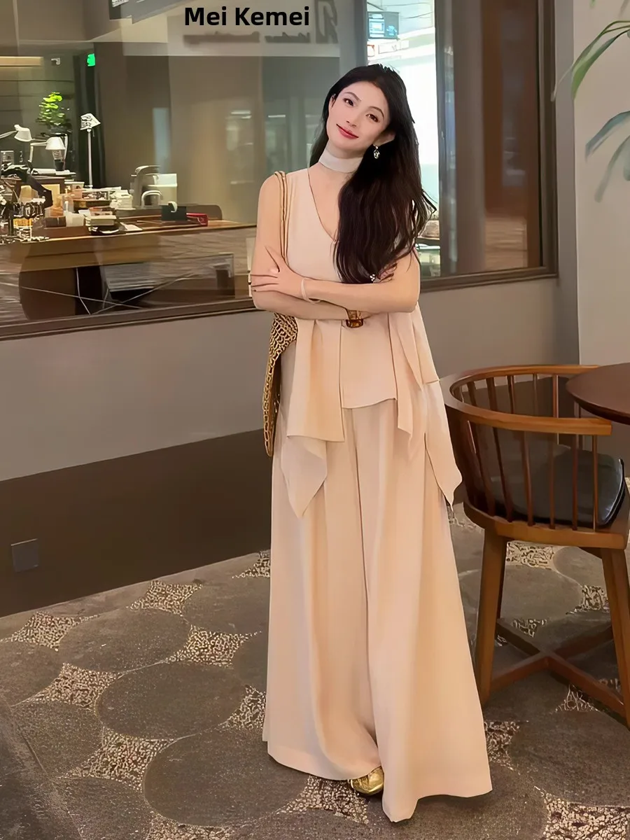 

Summer 2026 Women's Gentle Wind Sleeveless V-Neck Vest Top with Sash Half Skirt Set Fashionable Draped Loose Fit Casual Wear