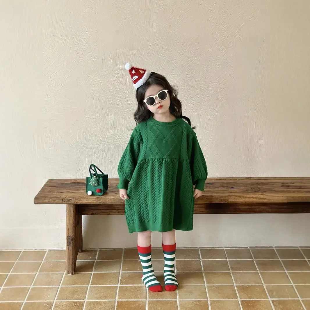 2026 Girls Autumn Winter Knitted Dress Korean Style Midi Sweater Dress Kids Fashion Long Sleeve Children Clothing