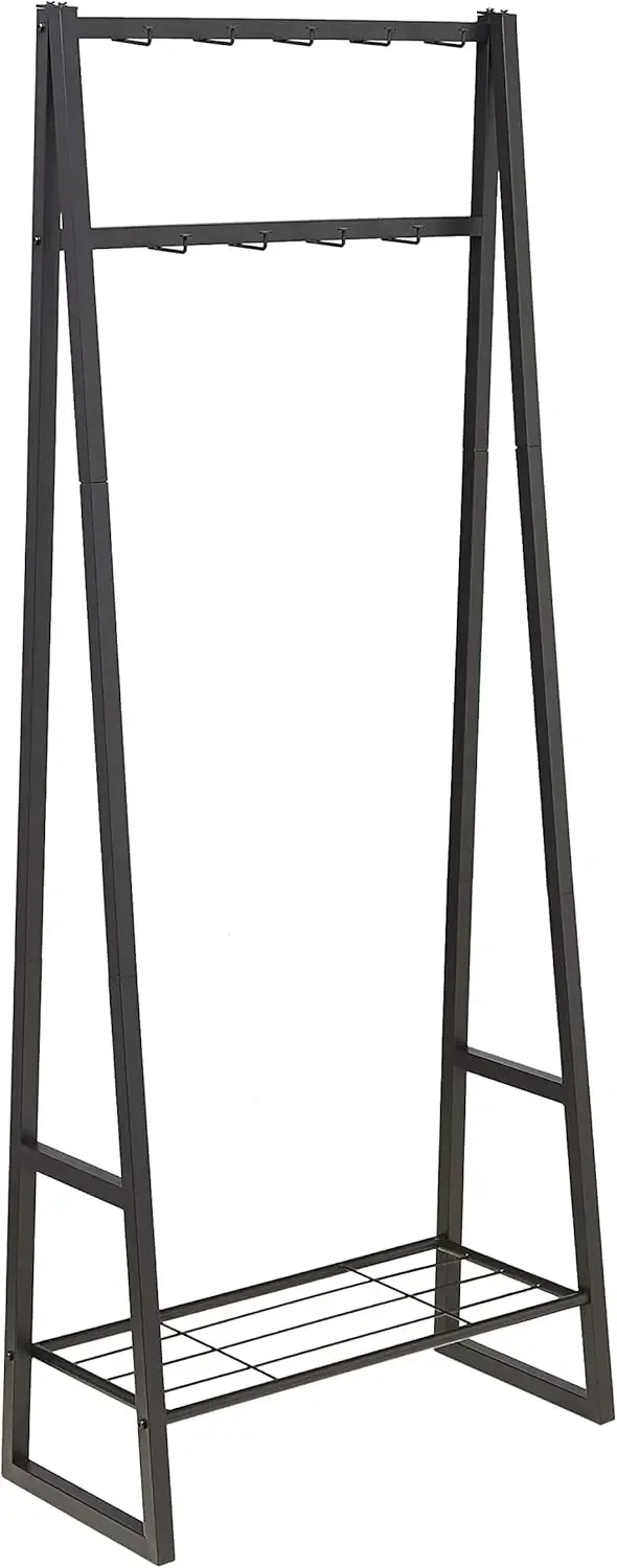 

Freestanding Coat Rack with Nine Hooks and Shoe Bench Metal Shelf Space Saving Hallway Bedroom 69 Inches High