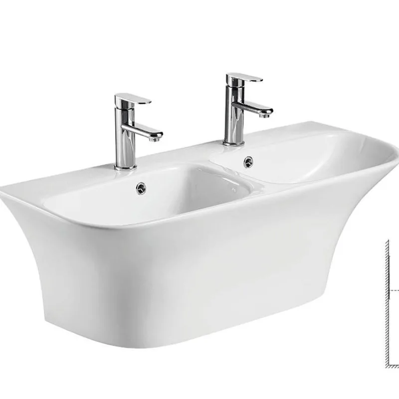 

Modern Design Wall Hung Double Basins Bathroom Sink Square Pedestal with Drainer Single-Hole Faucet Mount Factory Direct