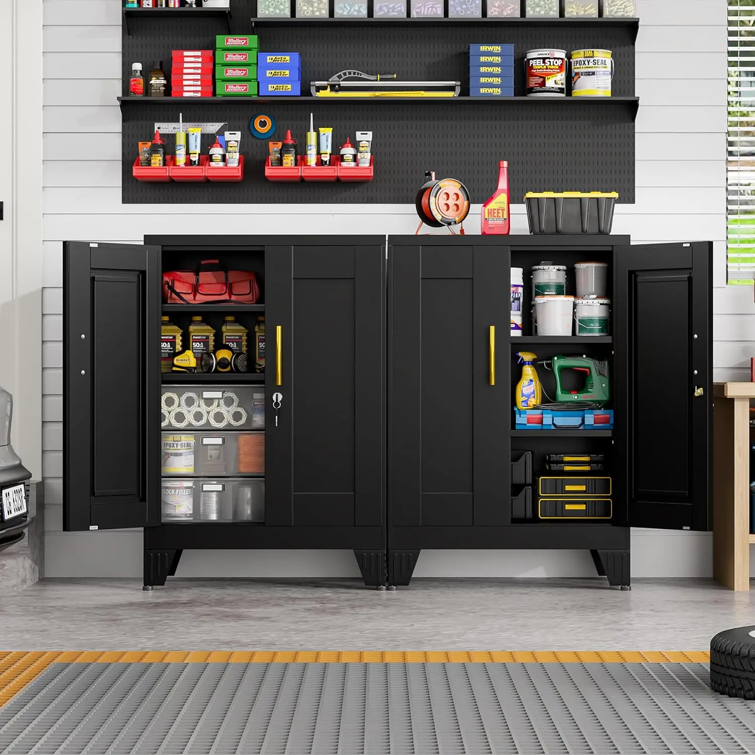 Mobiletto per dispensa in metallo nero con serratura, credenza a due unità con 2 ripiani regolabili, mobiletto da cucina per ufficio domestico