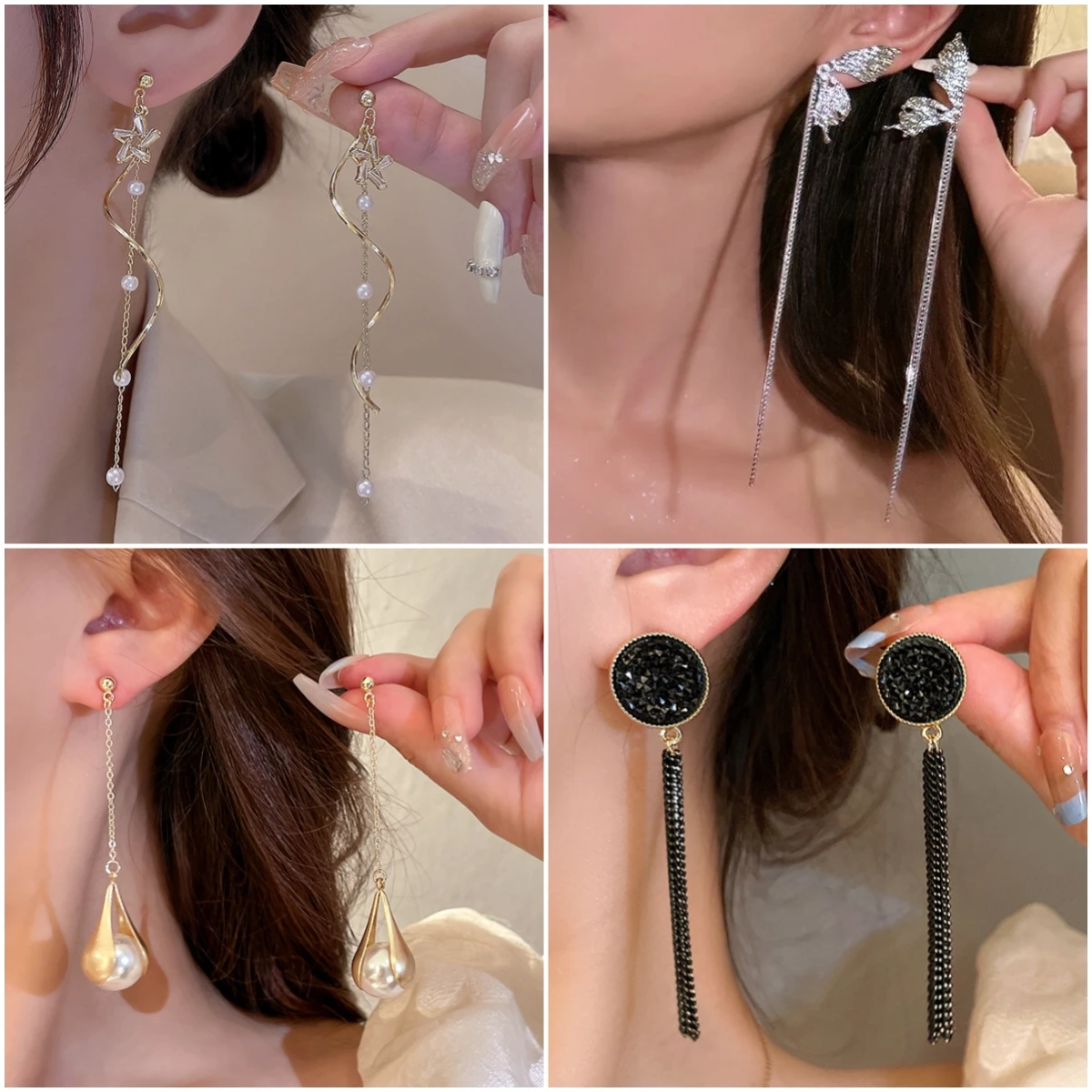 New Fashion Long Drop Earrings for Women Flower Star Moon Heart Butterfly Wings Crystal Pearl Round Geometry Tassel Ear Jewelry