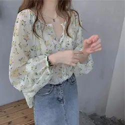 Large Size French Fairy V-neck Floral Chiffon Shirt for Women with Slim Small Shirt Spring and Summer Loose Top