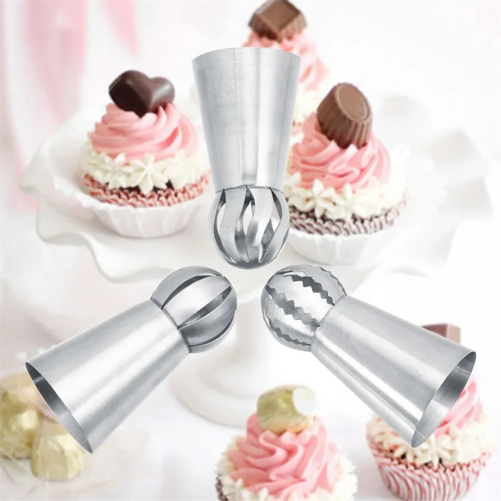 3pcs/set Cupcake Stainless Steel Sphere Ball Shape Icing Piping Nozzles Cake Decorating Tool Pastry Cream Spout For Baking