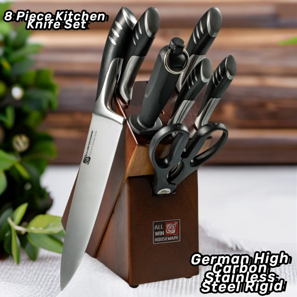 Premium 8-piece German 1.4116 Stainless Steel Kitchen Knives Sets Double Forged Full Tang Chef Knife Set With Rubber Wood Block