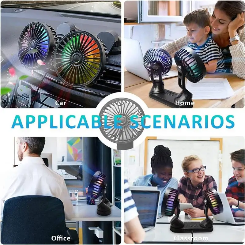 

AS-Car Fan, 360° Adjustable Dual Head USB Cooling Air Fan Low Noise Fan For Car SUV RV Truck ,With Coloured Light