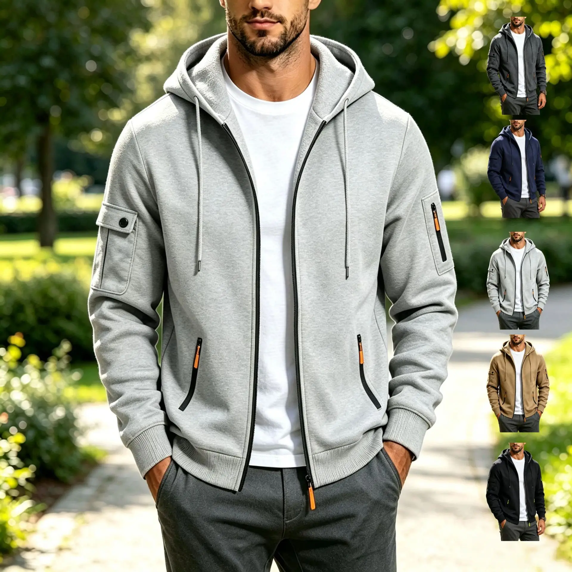 Men Solid Zip Up Hooded Sweatshirt Drawstring Hood Multi Zipper Pockets Long Sleeve Casual Streetwear Outdoor Hoodie Outerwear