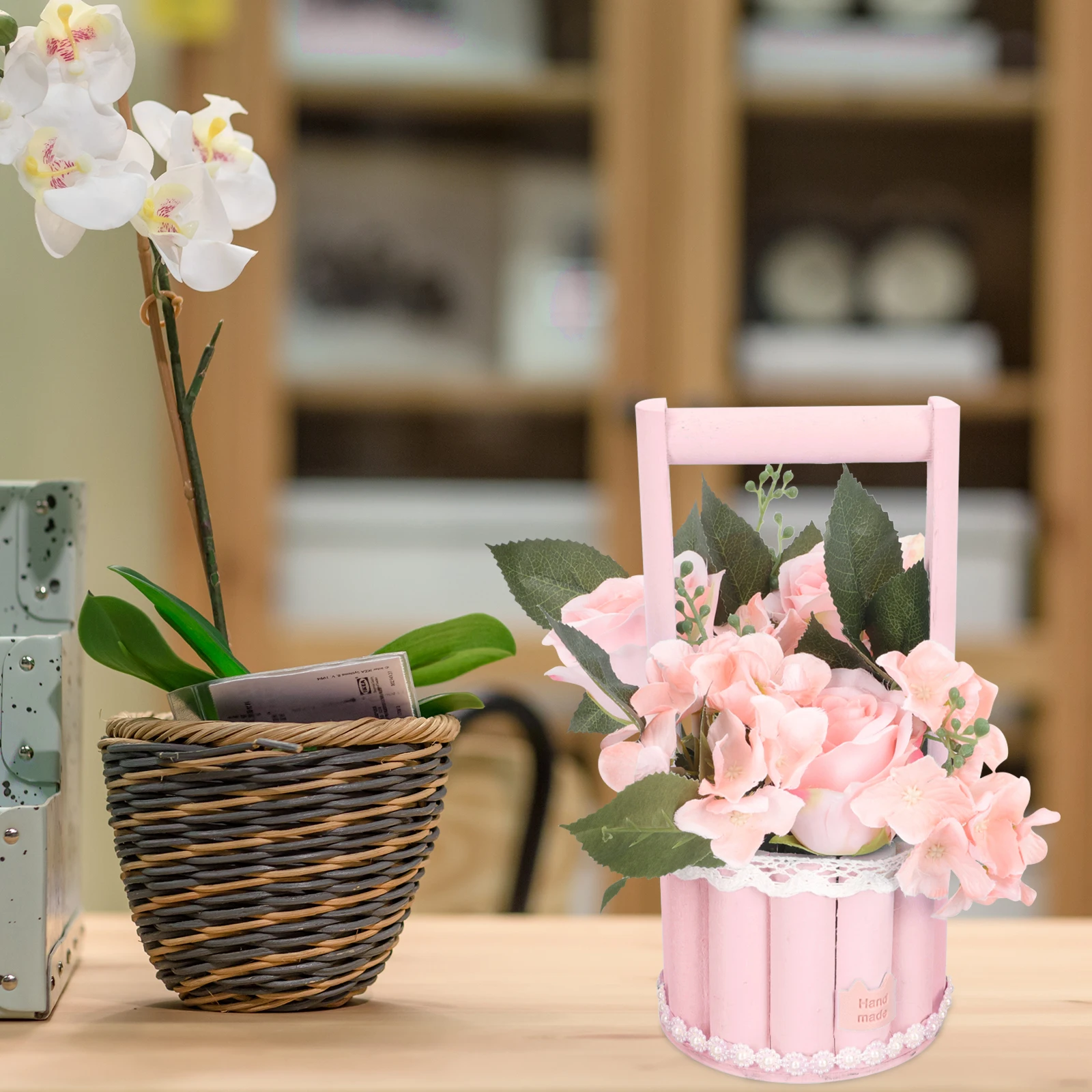 

Wooden Flower Basket Desktop Decor Bright Color Design Stable Base Indoor Plant Pot Storage Home Decorative Container