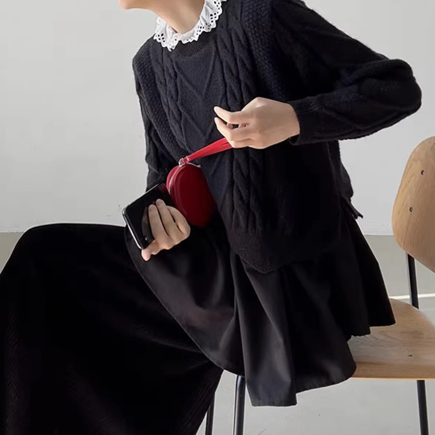 디자인 센스 스플라이스 롱 니트웨어 여성용 신상 가을 슬림핏 라운드 넥 레귤러 얇은 무브랜드 출퇴근용